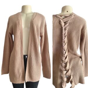 Derek Heart Top Cardigan Sweater size L Tan color with braided back.